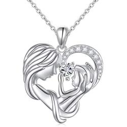 Mother Necklace Sterling Silver Mother and Child Love Heart Necklace For Mother Mom Mothers Day Gift