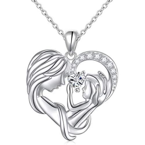 Mother Necklace Sterling Silver Mother and Child Love Heart Necklace For Mother Mom Mothers Day Gift