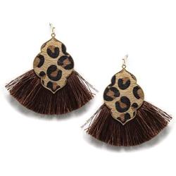 Miracle Collection Genuine Leather Animal Print Quatrefoil Drop Earrings Bohemian Leopard Fan Fringe Thread Tassel Drop Earring