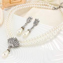 Asooll Wedding Bride Pearl Choker Necklace Earring Set Silver Layered Pendant Neck Chain Bridal Rhinestone Necklaces Jewelry Set with Pearl Earring for Women and Girls