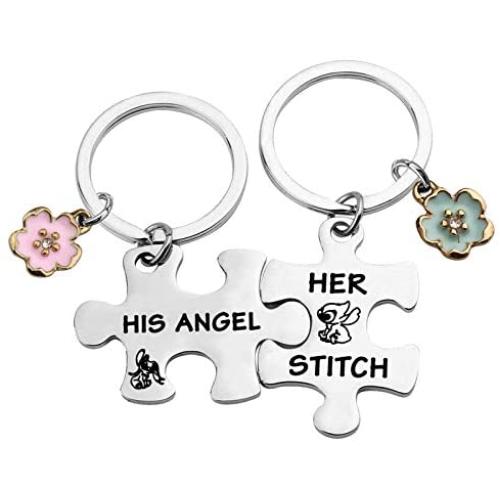 CYTING Her Stitch His Angel Puzzle Piece Keychain Set with Hibiscus Flower Charm Hawaiian Jewelry Gift for Couples Family Best Friends