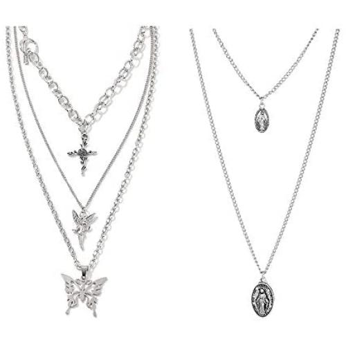 2 Pcs Layered Chain Necklace Sets Butterfly Lock Chains Necklace Angel Coin Layered Choker Emo Aesthetic Chunky Chains Gothic Adjustable Layering Chain Cuba Chain Link Jewelry for Eboy Egirl 2 Pcs Layered Chain Necklace Sets Butterfly Lock Chains Necklace Angel Coin Layered Choker Emo Aesthetic Chunky Chains Gothic Adjustable Layering Chain Cuba Chain Link Jewelry for Eboy Egirl