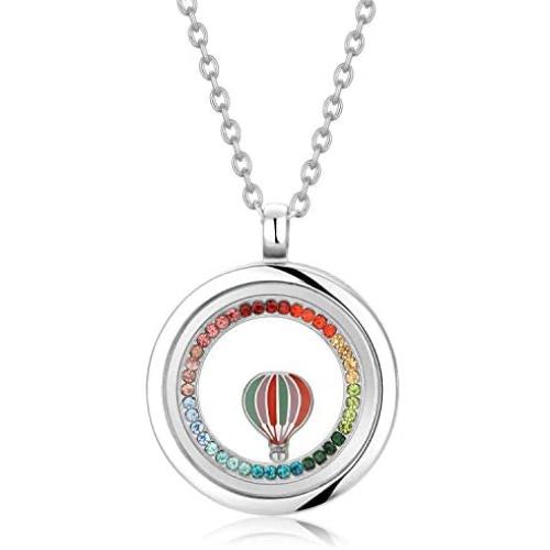 AZNECK Women Glass Locket Pendant Floating Memory Necklace Hot Air Balloon Trip Stainless Steel Jewelry Graduation Gifts for her