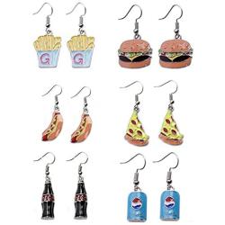 Pizza Hamburger French fries Hot dog Cola Novelty Food Stud Earring Set for Women Girls Jewelry Gifts 6 Pairs Pack