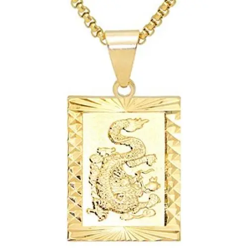Fusamk Fashion Plated 18K Gold Dragon Dog Tag Pendant Necklace,22'' Box Chain