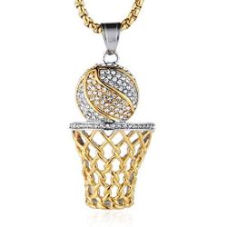 HZMAN Mens 18k Gold Silver Plated Basketball Rim CZ Inlay Pendant Hip Hop Box Chain