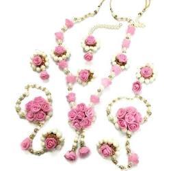 SANGRIA Savya Jewels Non-Precious Metal Traditional Pink Flower Floral Jewellery with 1 Necklace, 2 Earrings, 1 Maang Tika, 2 Bracelets Pair for Women (Mehandi/Haldi/Bride)