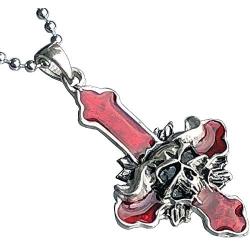 Inverted Upside down Gothic Red Cross Baphomet Lucifer Devils Face Demon Skull Satanic Heavy Metal Punk Rock Biker Jewelry Pewter Mens Pendant Necklace Charm protection Amulet with Silver ball chain