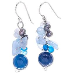 NOVICA Multi-gem Dyed Cultured Freshwater Pearl Sterling Silver Beaded Dangle Earrings, Azure Love