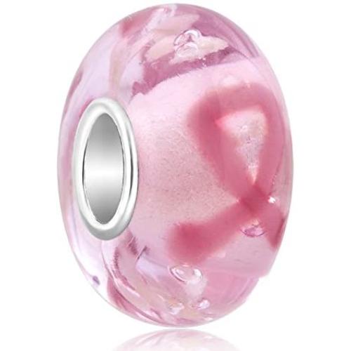 CharmsStory Sterling Silver Breast Cancer Awareness Pink Ribbon Murano Glass Charms Beads For Bracelets