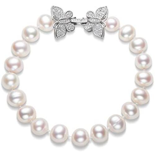 Pearl Bracelets Freshwater Cultured White Pearl Bracelet for Women Sterling Silver Butterfly Clasp Costume Pearl Jewelry Gift for Girls Bridesmaid Bridal 7.1 Inches 8-9mm/9-10mm/10-11mm
