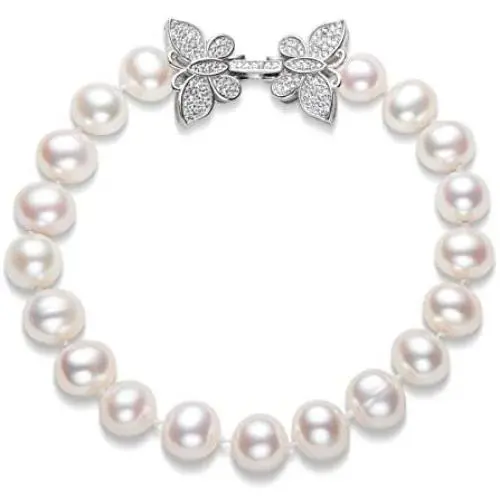 Pearl Bracelets Freshwater Cultured White Pearl Bracelet for Women Sterling Silver Butterfly Clasp Costume Pearl Jewelry Gift for Girls Bridesmaid Bridal 7.1 Inches 8-9mm/9-10mm/10-11mm