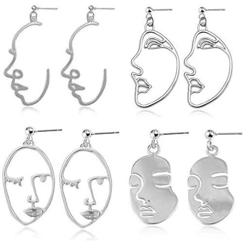 D.Rosse 4 Pairs Unique Abstract Human Face Dangle Earrings Hollow Face Hand Shape Gold Silver Statement Drop Studs Earrings Jewelry Set for women Girls
