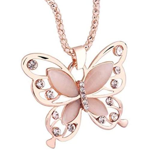 ???? Orcbee ???? _Fashion Women Rose Gold Opal Butterfly Charm Pendant Long Chain Necklace Jewelry