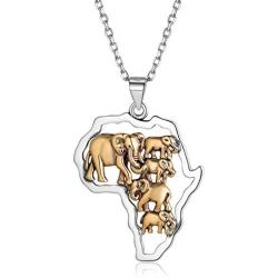 Nofade Silver Africa Map with Elephant/Eye of Horus Pendant Gold&Silver Two Tone Vintage African Style Necklace for Women Men, Chain 18