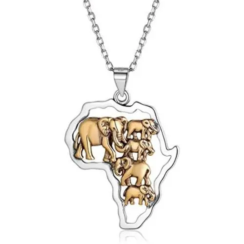Nofade Silver Africa Map with Elephant/Eye of Horus Pendant Gold&Silver Two Tone Vintage African Style Necklace for Women Men, Chain 18