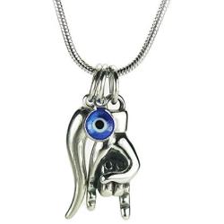 Mano Cornuto, Cornicello, and Nazar combo Necklace, on 18'' Snake Chain, Italian Lucky Hand Horn Anti Evil Eye Good Luck Amulet Protection Charms All Stainless