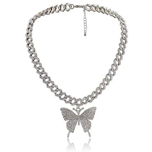 Butterfly Cuban Link Necklace Set Hip Hop Rhinestone Chock Chain Iced Out Sparking Bling Zircon Crystal Collar Animal Butterfly Pendant Necklace for Women Girl Party Jewelry-A Silver