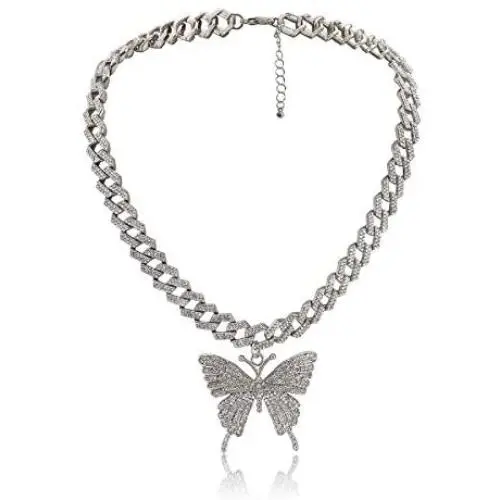 Butterfly Cuban Link Necklace Set Hip Hop Rhinestone Chock Chain Iced Out Sparking Bling Zircon Crystal Collar Animal Butterfly Pendant Necklace for Women Girl Party Jewelry-A Silver Butterfly Cuban Link Necklace Set Hip Hop Rhinestone Chock Chain Iced Out Sparking Bling Zircon Crystal Collar Animal Butterfly Pendant Necklace for Women Girl Party Jewelry-A Silver