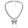 Butterfly Cuban Link Necklace Set Hip Hop Rhinestone Chock Chain Iced Out Sparking Bling Zircon Crystal Collar Animal Butterfly Pendant Necklace for Women Girl Party Jewelry-A Silver