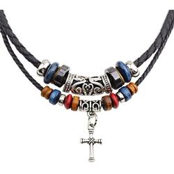 MORE FUN Vintage Style Double Layers Black Braided Leather Tribal Necklace with Charm Cross Pendant