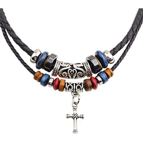 MORE FUN Vintage Style Double Layers Black Braided Leather Tribal Necklace with Charm Cross Pendant
