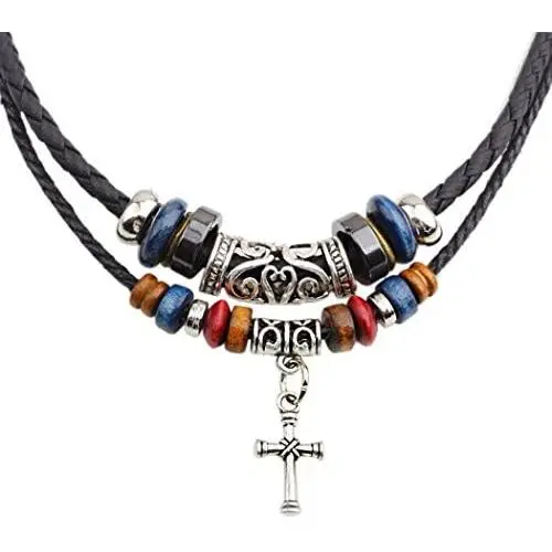 MORE FUN Vintage Style Double Layers Black Braided Leather Tribal Necklace with Charm Cross Pendant MORE FUN Vintage Style Double Layers Black Braided Leather Tribal Necklace with Charm Cross Pendant