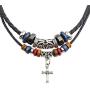 MORE FUN Vintage Style Double Layers Black Braided Leather Tribal Necklace with Charm Cross Pendant
