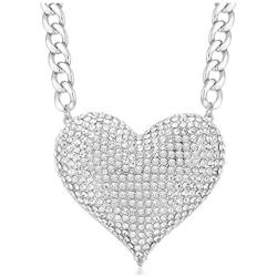 Womens Statement Sparkly Heart Necklace Shiny Rhinestone Chunky Chain Necklace Punk Rock Style Costume Jewelry