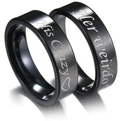 fashionlife2018 Couple Rings Wedding Band Anniversary Engagement His and Her Promise Ring His Crazy Her Weirdo Black Titanium Steel Ring 6mm