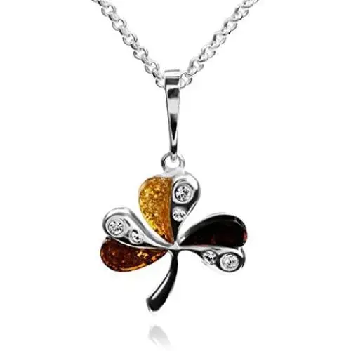 Multicolor Amber Sterling Silver Clover Pendant Necklace Chain 18'' Multicolor Amber Sterling Silver Clover Pendant Necklace Chain 18''