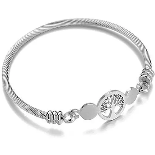 Jude Jewelers Stainless Steel Cable Wire Tree of Life Charm Bracelet Bangle Jude Jewelers Stainless Steel Cable Wire Tree of Life Charm Bracelet Bangle