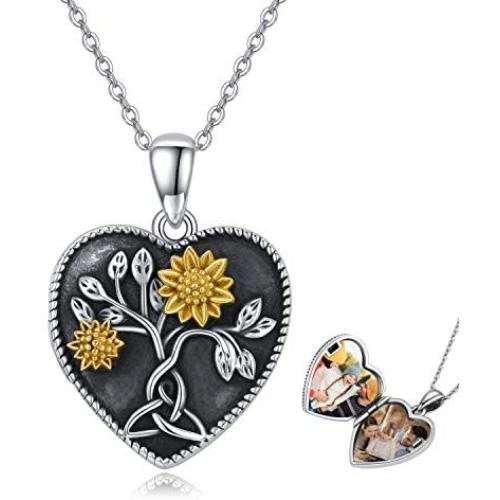 CHENGHONG Heart Locket Necklace That Holds Pictures 925 Sterling Silver Tree of Life Sunflower Photo Locket Pendant Necklace Celtic Jewelry Gifts for Women Girls