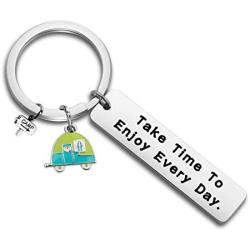 FUSTMW Happy Camper RV Keychain Camping Gift Trailer Vacation Campers Jewelry Take Time to Enjoy Every Day