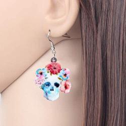 NEWEI Acrylic Halloween Floral Skull Earrings Drop Dangle Big Long Fashion Jewelry for Women Girls Gift Charms