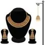 Aheli Ethnic Bollywood Faux polki with Pearl Strand Necklace Earrings Maang Tikka Indian Jewelry Set for Women