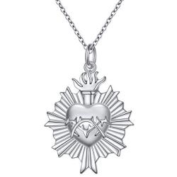 S925 Sterling Silver Flaming Sacred Heart Necklace Catholic Faith Charm Pendant Love of God Thorn Jewelry Easter Gifts