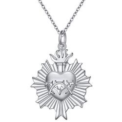 S925 Sterling Silver Flaming Sacred Heart Necklace Catholic Faith Charm Pendant Love of God Thorn Jewelry Easter Gifts