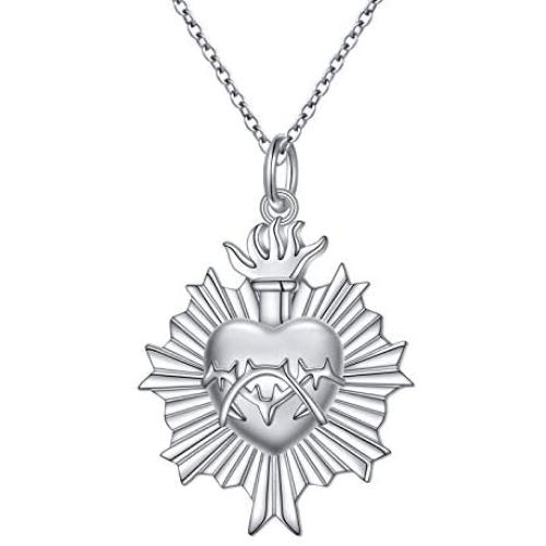 S925 Sterling Silver Flaming Sacred Heart Necklace Catholic Faith Charm Pendant Love of God Thorn Jewelry Easter Gifts