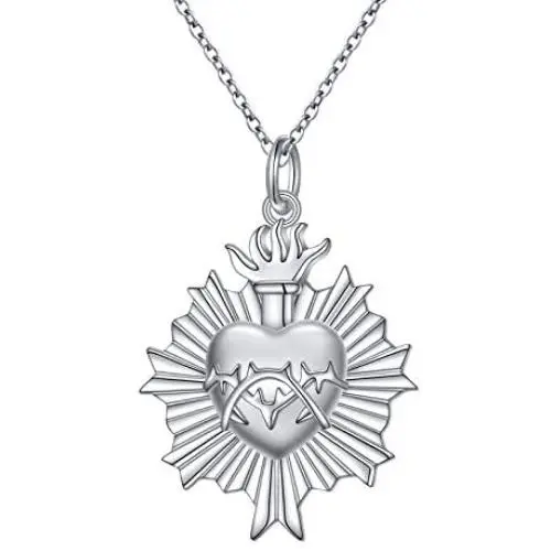 S925 Sterling Silver Flaming Sacred Heart Necklace Catholic Faith Charm Pendant Love of God Thorn Jewelry Easter Gifts S925 Sterling Silver Flaming Sacred Heart Necklace Catholic Faith Charm Pendant Love of God Thorn Jewelry Easter Gifts