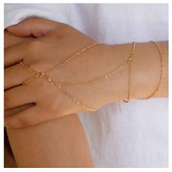 TseanYi Finger Ring Bracelet Gold Wrist Finger Bracelet Boho Slave Bracelet Hand Chain Alloy Chain Handpiece Jewelry for Women and Girls (Gold)