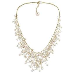AeraVida Waterfall of Cultured Freshwater White Pearl-Fashion Crystal on Gold Silk Thread Collar Necklace