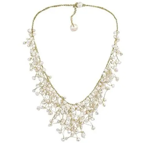 AeraVida Waterfall of Cultured Freshwater White Pearl-Fashion Crystal on Gold Silk Thread Collar Necklace