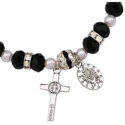 Rosemarie Collections Womens Beaded Stretch Rosary Bracelet with Crucifix and Miraculous Medal