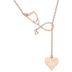 MANZHEN Rose Gold Plated Medicine Stethoscope Heart Initial Alphabet Letter Necklace for Doctor Nurse