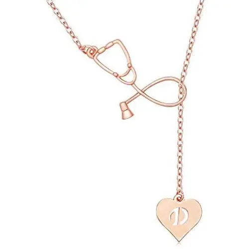 MANZHEN Rose Gold Plated Medicine Stethoscope Heart Initial Alphabet Letter Necklace for Doctor Nurse MANZHEN Rose Gold Plated Medicine Stethoscope Heart Initial Alphabet Letter Necklace for Doctor Nurse