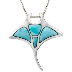 Aloha Jewelry Company Sterling Silver Natural Larimar Manta Ray Pendant with 18'' Box Chain