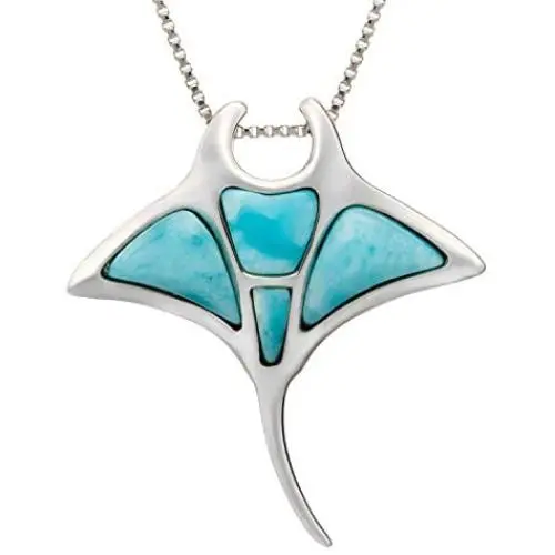 Aloha Jewelry Company Sterling Silver Natural Larimar Manta Ray Pendant with 18'' Box Chain Aloha Jewelry Company Sterling Silver Natural Larimar Manta Ray Pendant with 18'' Box Chain