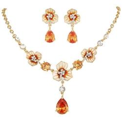 EVER FAITH Womens Zircon Crystal Enamel 3 Flowers Tear Drop Necklace Earrings Set Gold-Tone