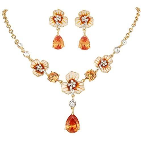 EVER FAITH Womens Zircon Crystal Enamel 3 Flowers Tear Drop Necklace Earrings Set Gold-Tone